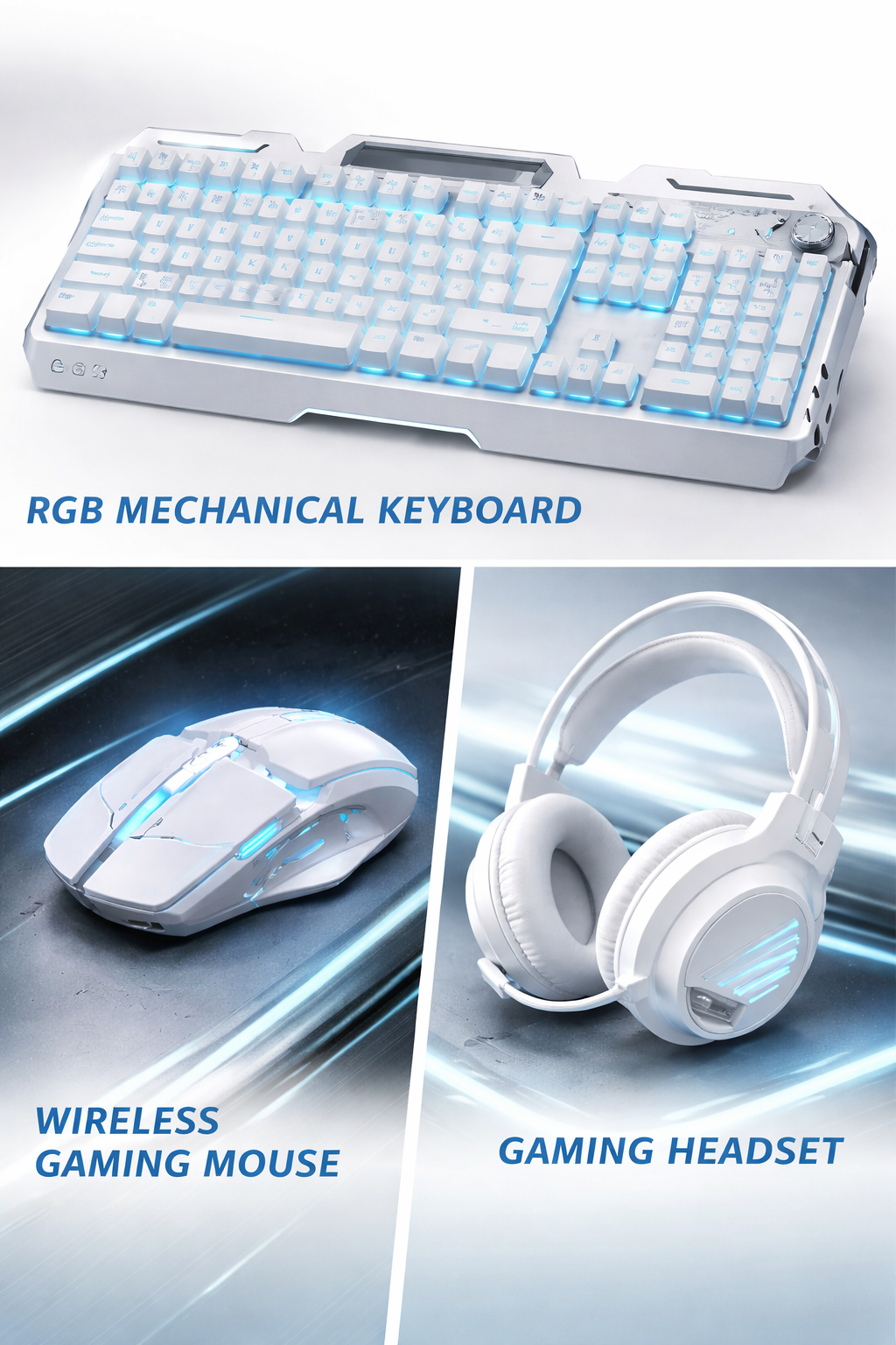 FrostNova Combo K1 – White Mechanical Keyboard, Mouse and Headset with Blue LED